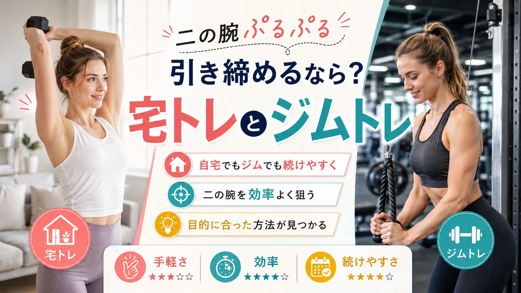 二の腕ぷるぷる引き締めるなら？宅トレとジムトレ